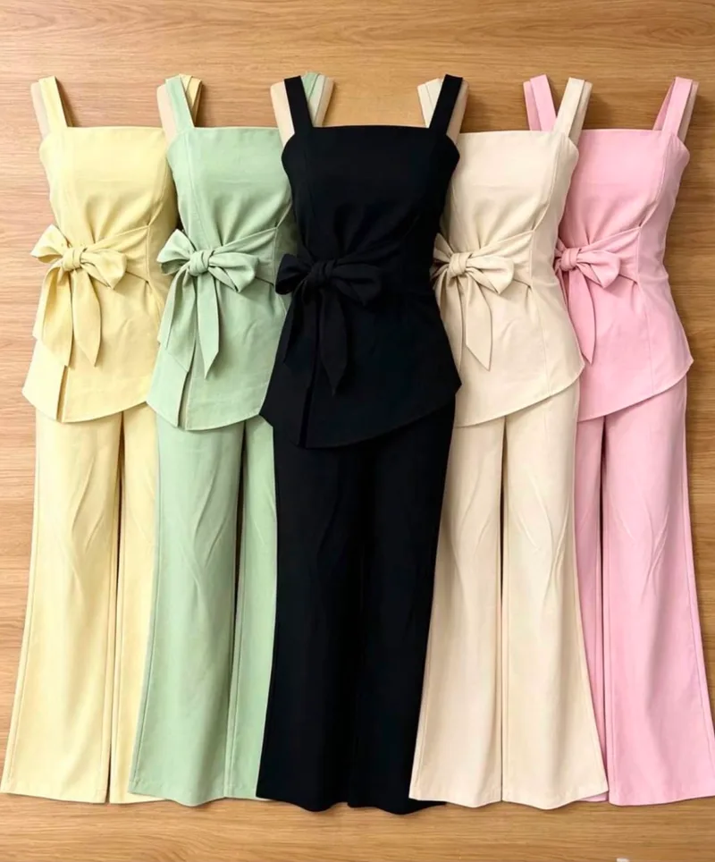 Conjunto blusa com laço e calça em várias cores