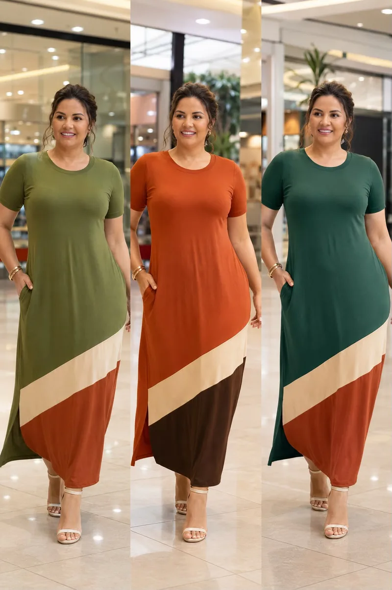 Vestido longo com recorte diagonal em várias cores