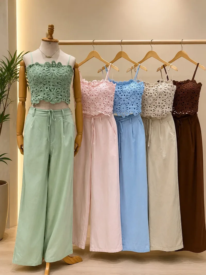 Conjunto top de renda e pantalona em várias cores