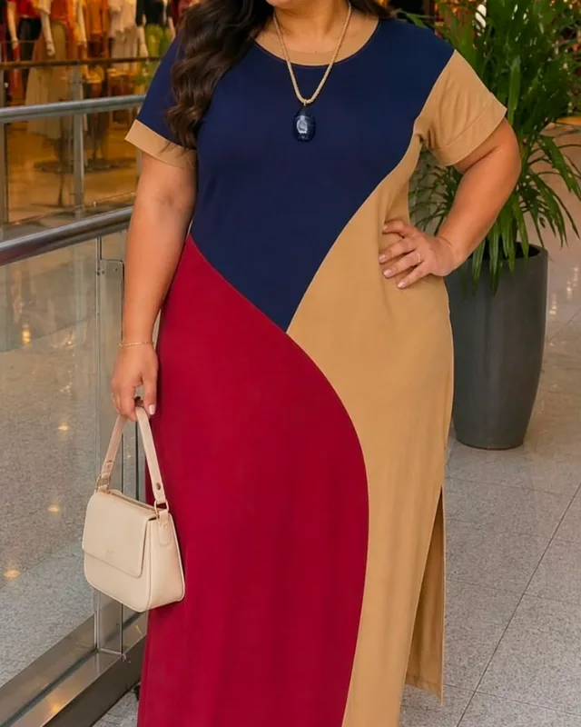 Vestido color block marinho, vermelho e caramelo