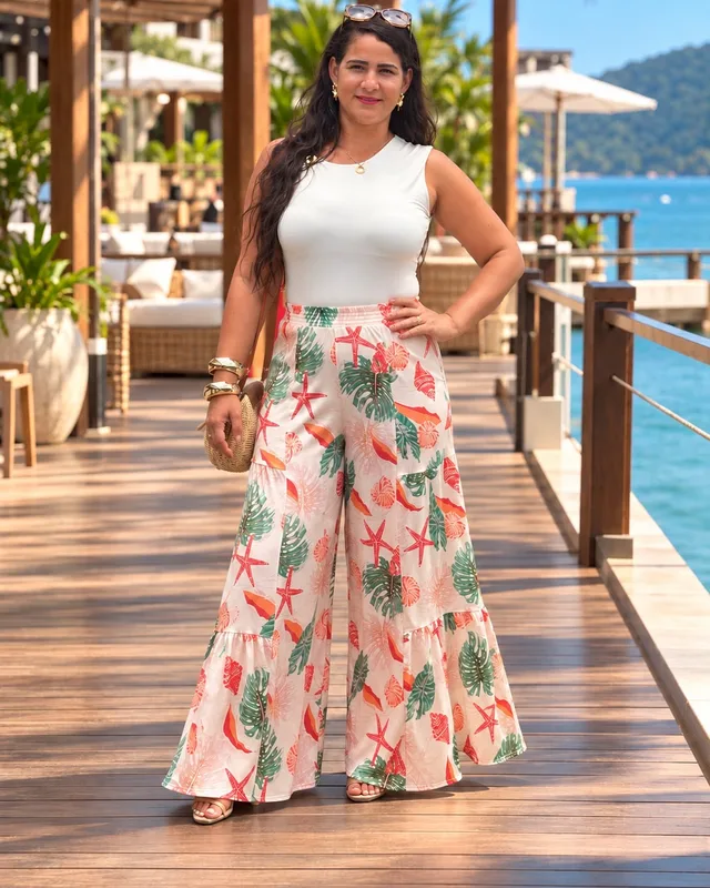 Conjunto regata branca e pantalona estampada