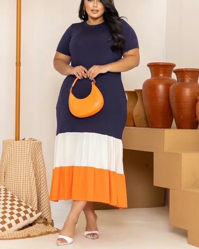 Vestido midi color block marinho e laranja