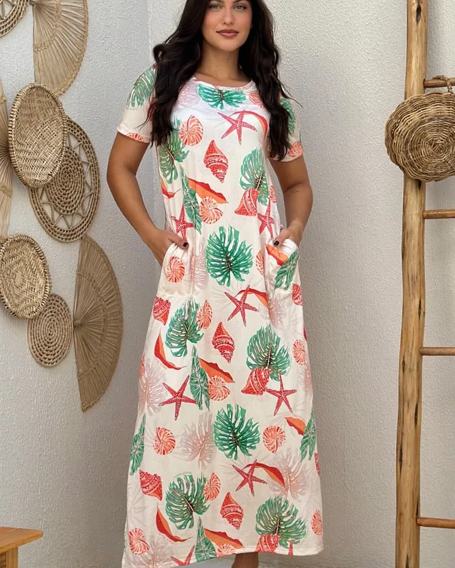 Vestido longo estampa de conchas