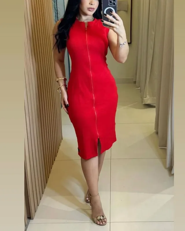 Vestido midi vermelho com zíper