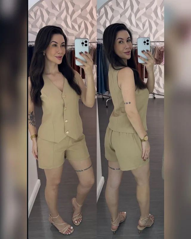 Modelo usando conjunto de colete e short cáqui, de frente e de costas