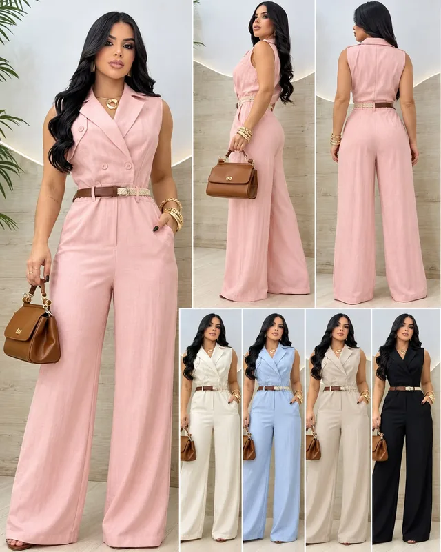 Macacão pantalona rosa com gola e cinto, e as outras cores