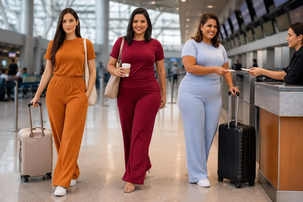 Três modelos de conjunto canelado em caramelo, vinho e azul claro